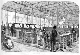 Black and white illustration of 10 people in a large glass house wearing Victorian-era clothes reading newspapers at lecterns or desks.