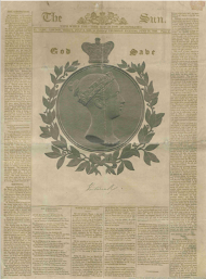 The front page of a newspaper shaded a light gold colour with the words the sun appearing at the top of the page alongside a heraldic crest, and a large image of queen victoria in profile at the centre of the page surrounded by printed text.