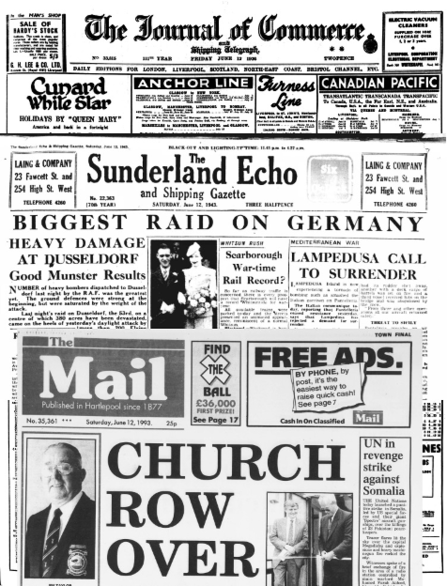 Headlines from The Journal of Commerce, The Sunderland Echo and The Mail (Hartlepool)